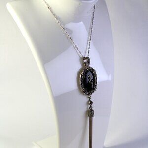 925 Sterling Silver with Marcasite Black Onyx Necklace Free Chain
